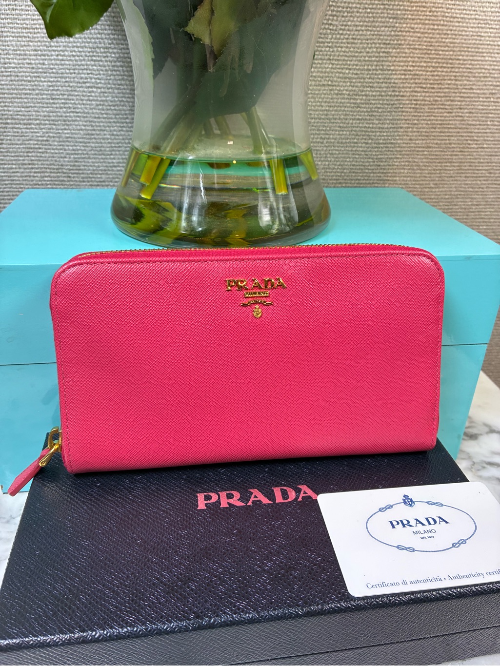 Prada Peonia Pink Saffiano Leather Zip Around Wallet - Pristine Condition